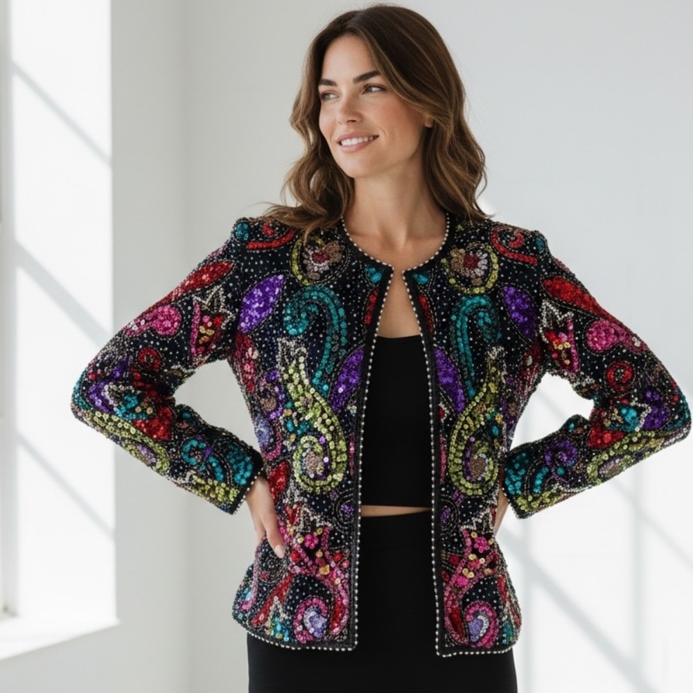 Laurence  kazar sequin, long sleeve jacket large petite excellent condition